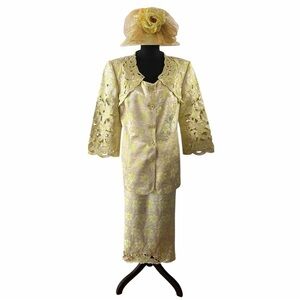 Donna Vinci Couture Lemon Lime Floral Metallic Brocade Skirt Suit, Hat&Purse 16